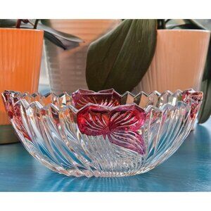 Anna Hutte German Lead Crystal Bowl Oval Red Ribbons & Bows Design Bleikristall